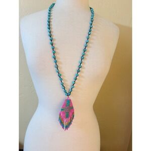 Glam Girl Turquoise Stone Beaded Necklace Pink Teal Seed Bead Fringe Pendant